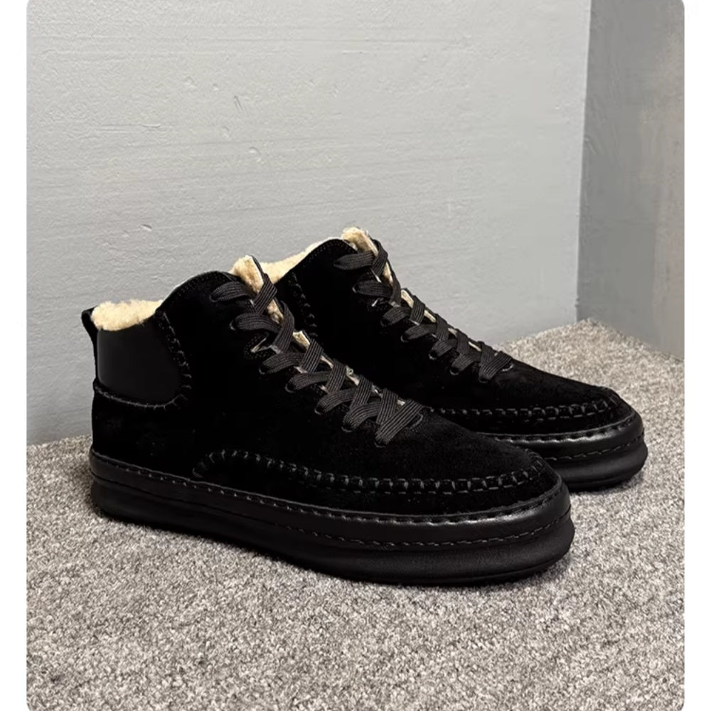 Men's casual wool leather high-top shoes, with soft soles. Winter double-stitched short boots.