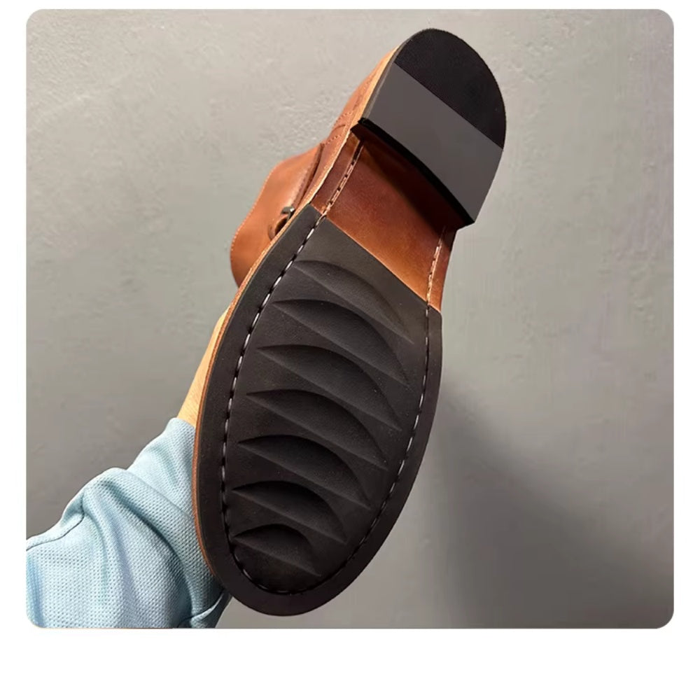 Handmade leather casual lace-up ankle boots for men. Genuine leather sole. Adjustable straps.