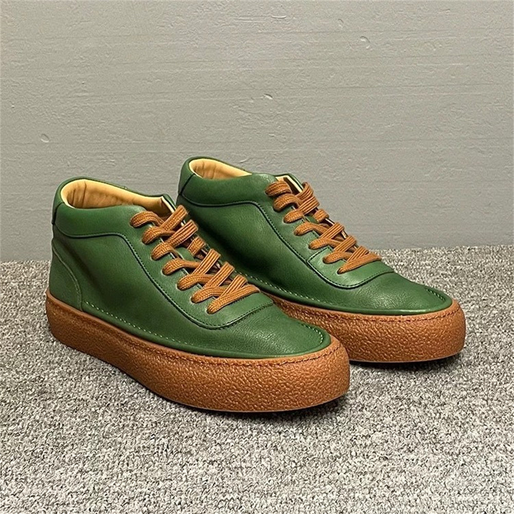 High-top green men's leather boots, designed to be comfortable and soft, are a casual style of boots.