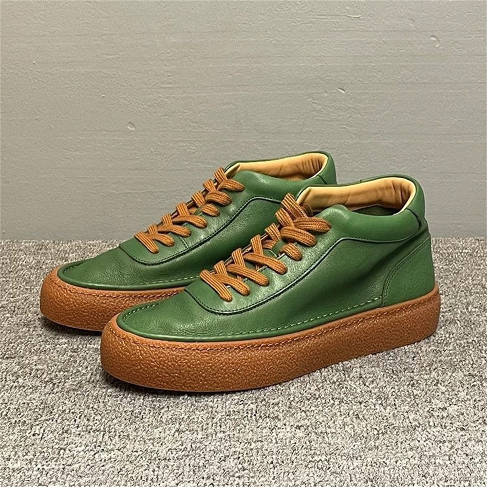 High-top green men's leather boots, designed to be comfortable and soft, are a casual style of boots.
