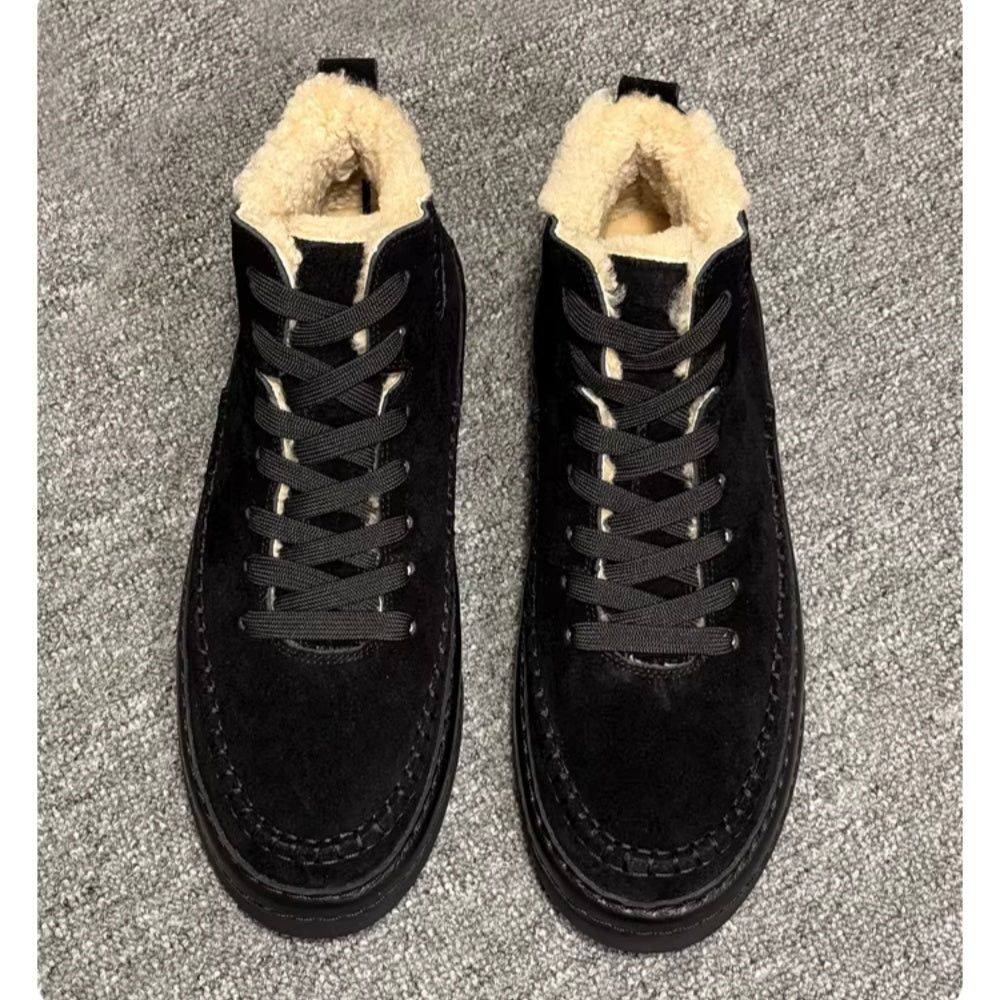 Men's casual wool leather high-top shoes, with soft soles. Winter double-stitched short boots.