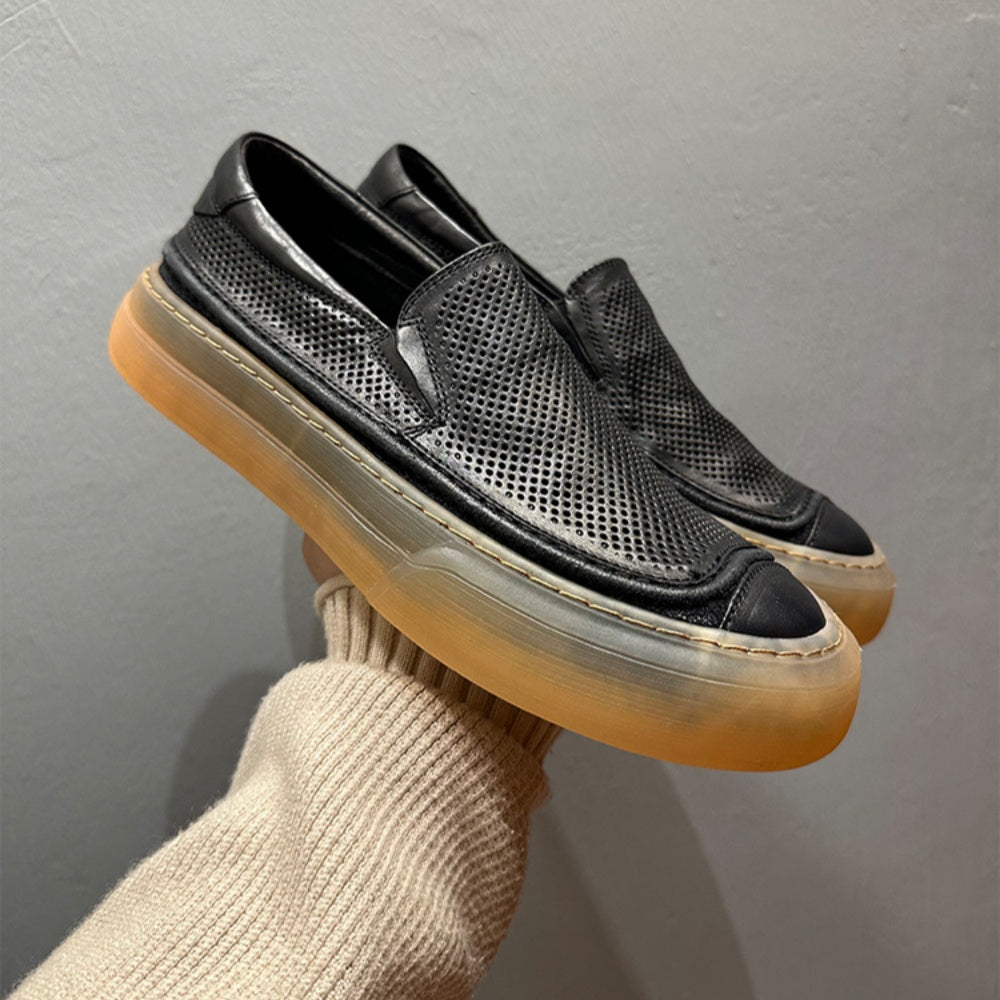 Leather hollowed-out breathable sneakers, casual shoes made of lightweight and soft cowhide.