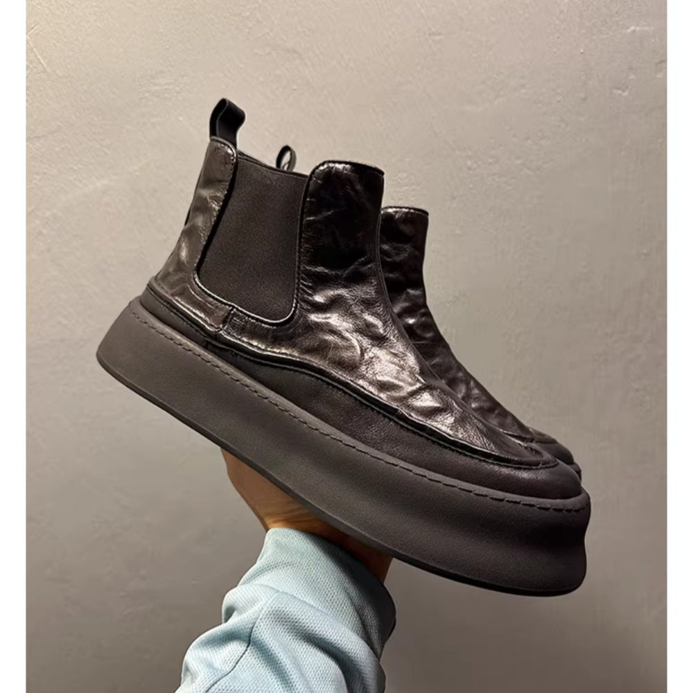 Men's genuine leather thick-soled high-top Chelsea boots, retro casual and fashionable ankle boots