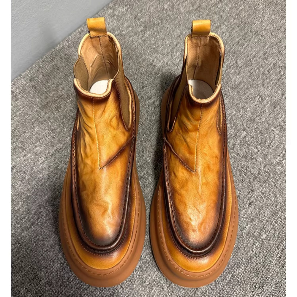 Men's genuine leather thick-soled high-top Chelsea boots, retro casual and fashionable ankle boots