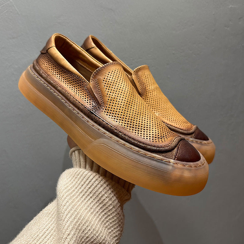 Leather hollowed-out breathable sneakers, casual shoes made of lightweight and soft cowhide.