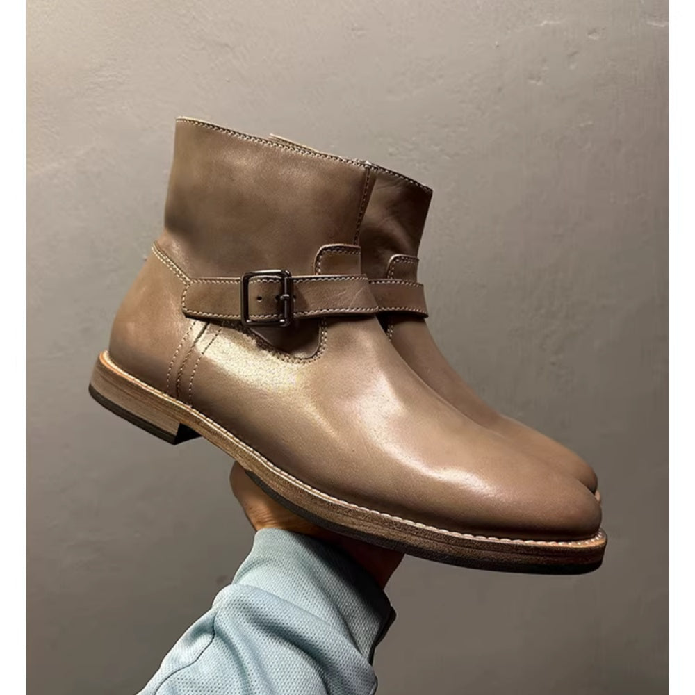 Handmade leather casual lace-up ankle boots for men. Genuine leather sole. Adjustable straps.