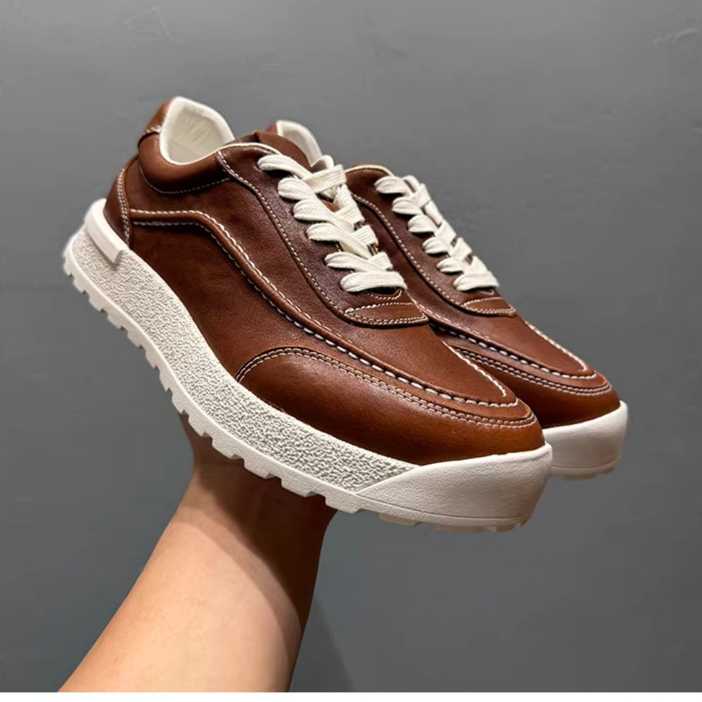 Leather board shoes - New trendy casual shoes, pure leather thick-soled sports shoes, men's work boots