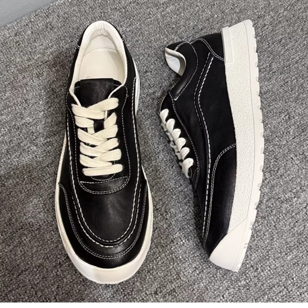 Leather board shoes - New trendy casual shoes, pure leather thick-soled sports shoes, men's work boots