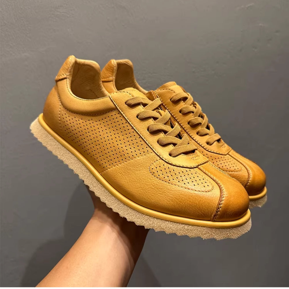 Leather hollowed-out breathable casual sneakers, retro-style perforated soft leather sports shoes