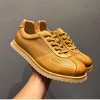 Leather hollowed-out breathable casual sneakers, retro-style perforated soft leather sports shoes