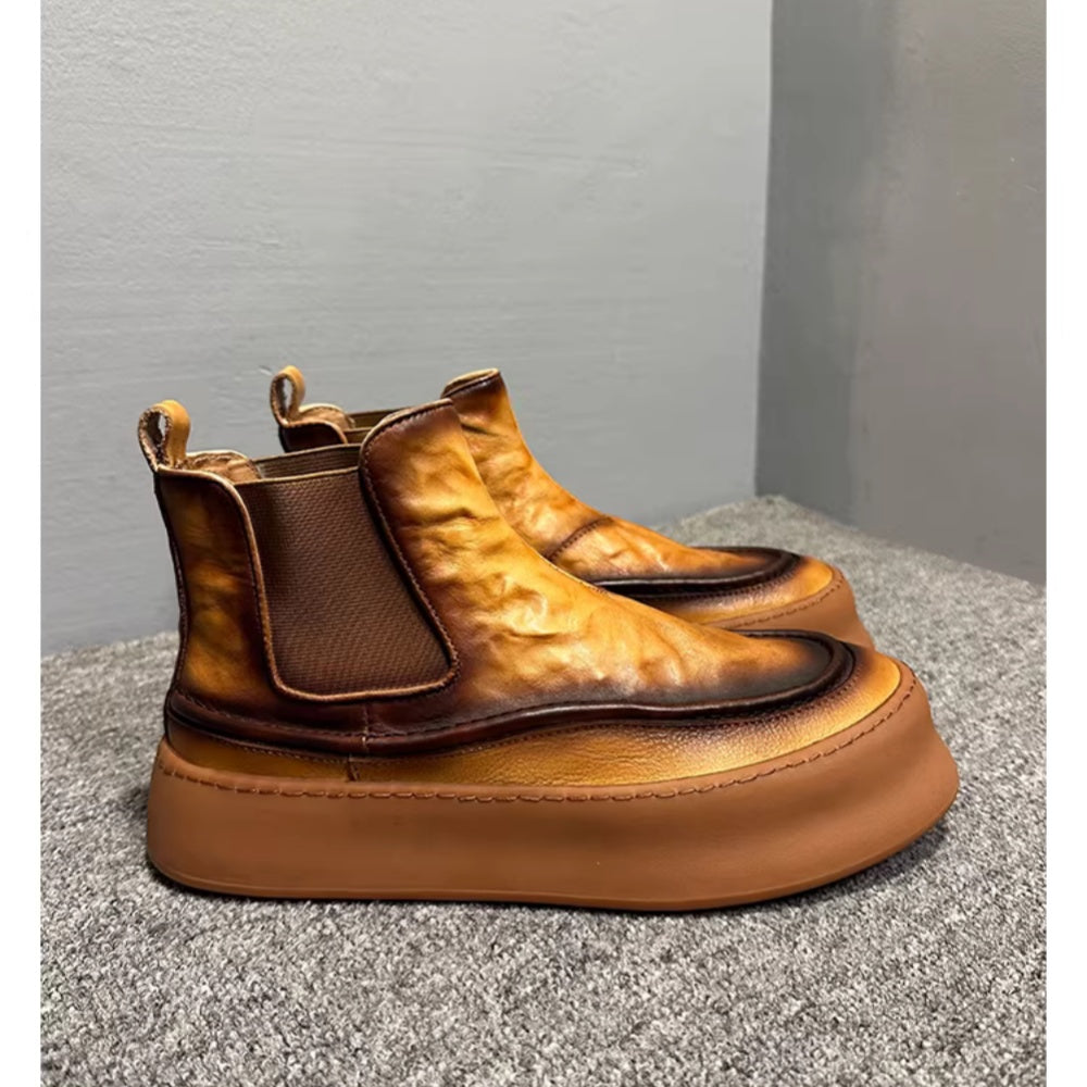 Men's genuine leather thick-soled high-top Chelsea boots, retro casual and fashionable ankle boots