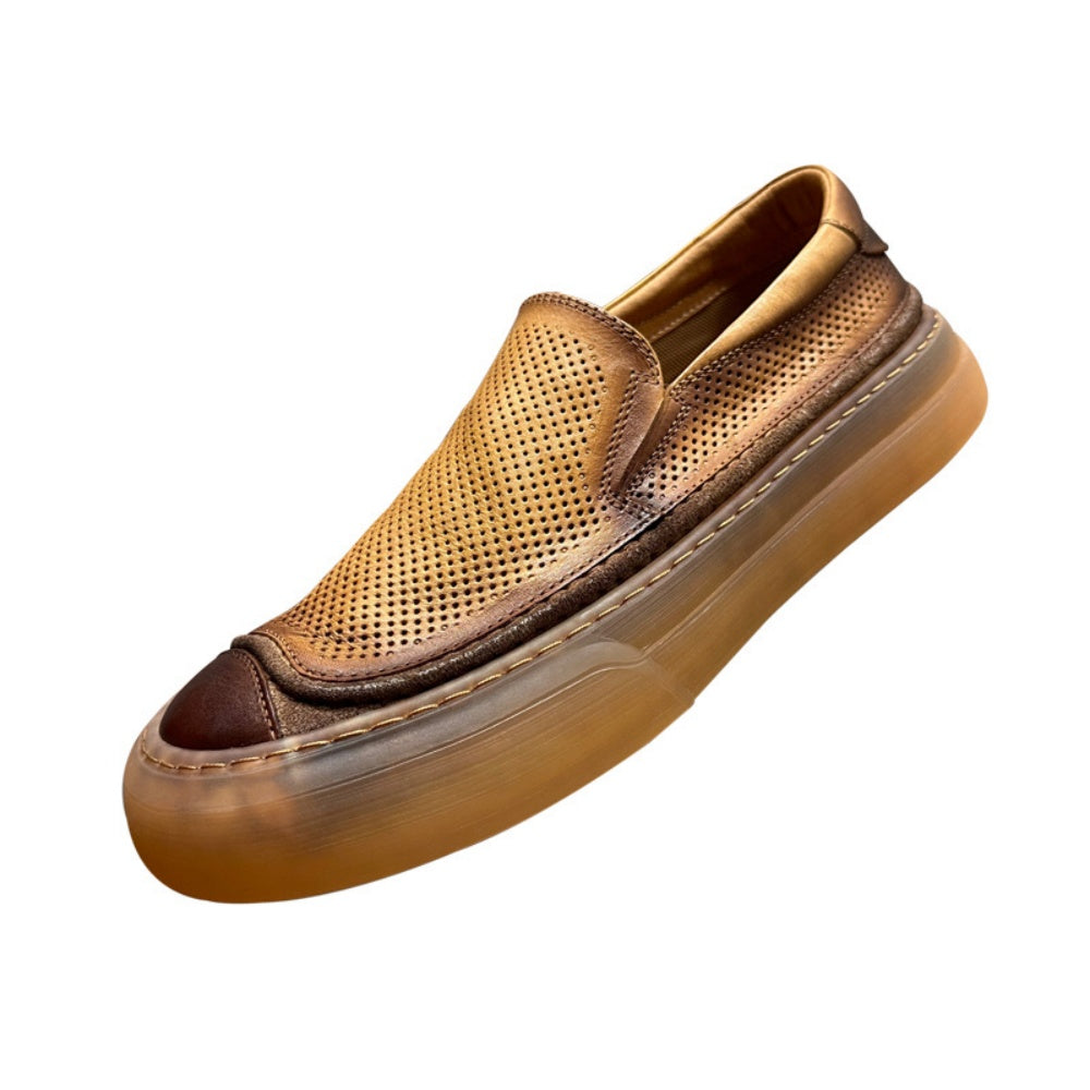 Leather hollowed-out breathable sneakers, casual shoes made of lightweight and soft cowhide.