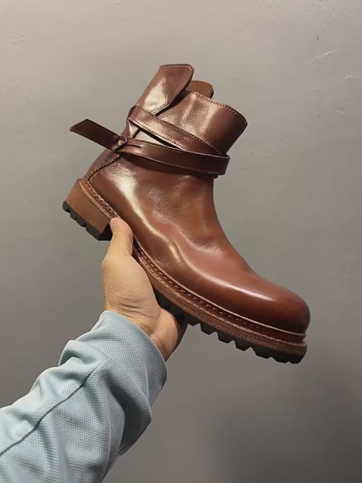 Cowhide boots, soft leather Chelsea boots, handcrafted entirely, short boots with leather buckles