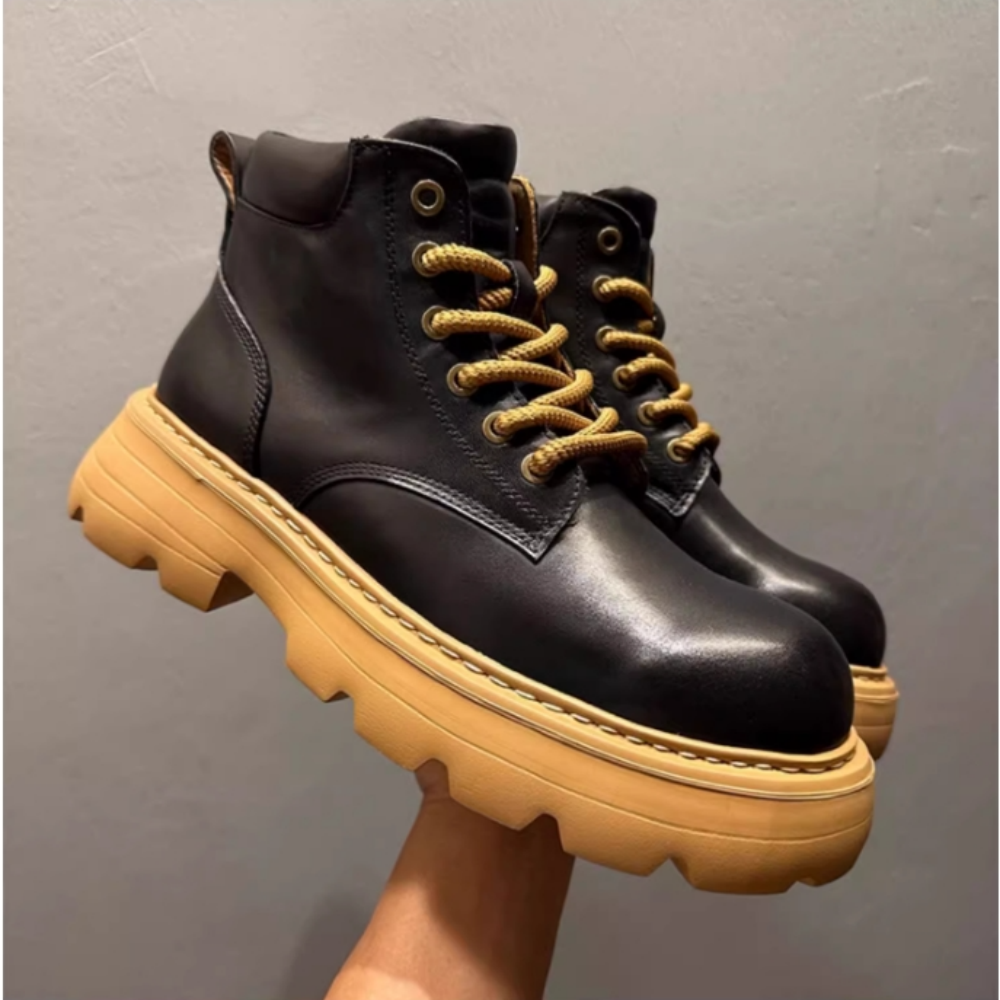 Leather thick-soled high-top casual ankle boots, chunky heel men's boots, Chelsea boots